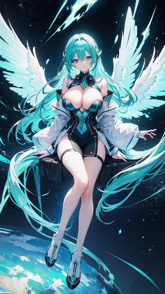 e7 Roana, aqua hair, big breasts, full body, wings, on space, galaxies, (white sock and black sock), (masterpiece), best quality, highres, 4k, 8k, Detailed Illustration, intricate detail, cinematic lighting, amazing quality, 1girl, fit female, amazing shading, soft lighting, facing camera, perfect eyes