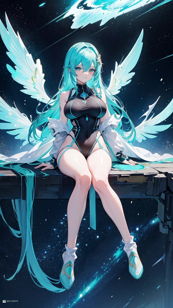 e7 Roana, aqua hair, big breasts, full body, wings, on space, galaxies, (white sock and black sock), (masterpiece), best quality, highres, 4k, 8k, Detailed Illustration, intricate detail, cinematic lighting, amazing quality, 1girl, fit female, amazing shading, soft lighting, facing camera, perfect eyes