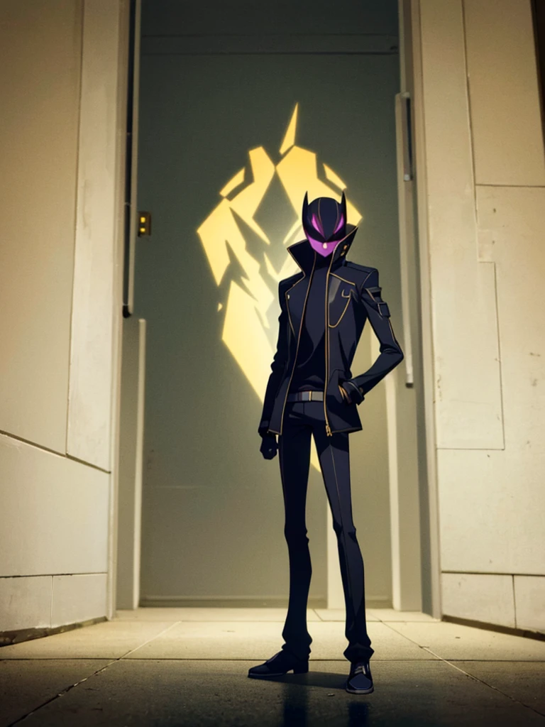 Male, teenager, vigilante, wearing dark clothes, militaristic jacket, and a mask, athletic build, hands in pockets, standing at attention, nighttime setting, lone figure, facing viewer, fully in frame, full body shot, Code Geass style, codeGeass, CODEGEASS