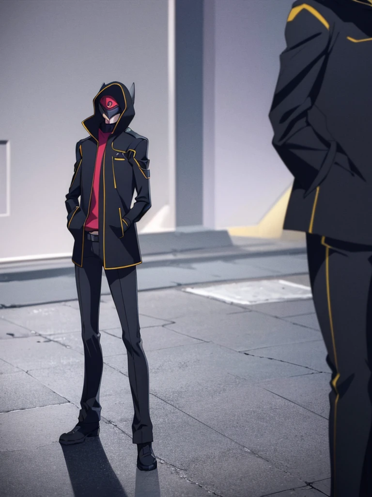 Male, teenager, vigilante, wearing dark clothes, militaristic jacket, and a mask, athletic build, hands in pockets, standing at attention, nighttime setting, lone figure, facing viewer, fully in frame, full body shot, Code Geass style, codeGeass, CODEGEASS