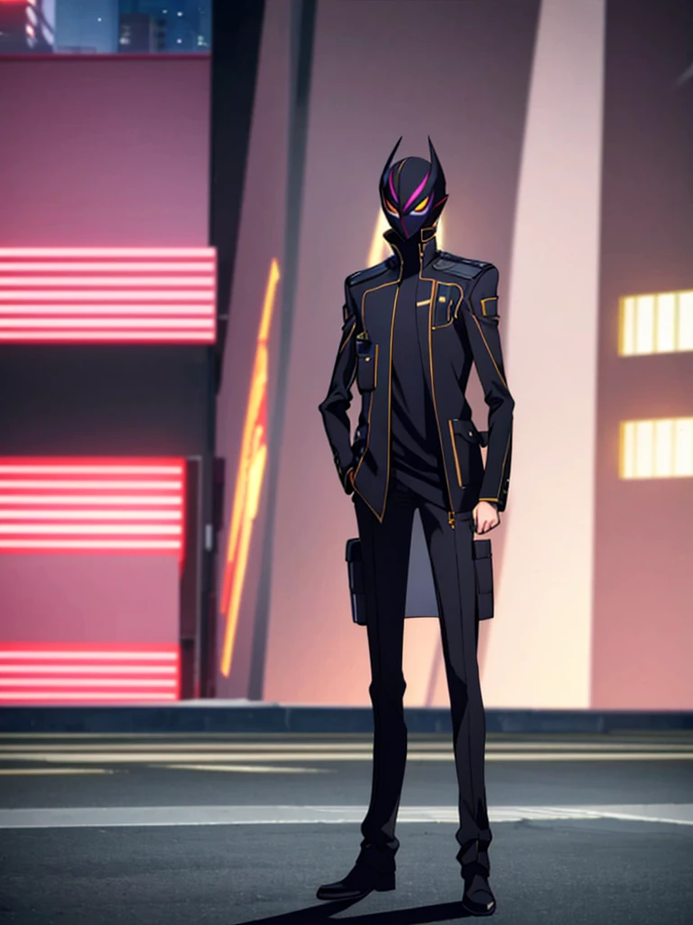 Male, ager, vigilante, wearing dark clothes, militaristic jacket, and a mask, athletic build, hands in pockets, standing at attention, nighttime setting, lone figure, facing viewer, fully in frame, full body shot, Code Geass style, codeGeass, CODEGEASS
