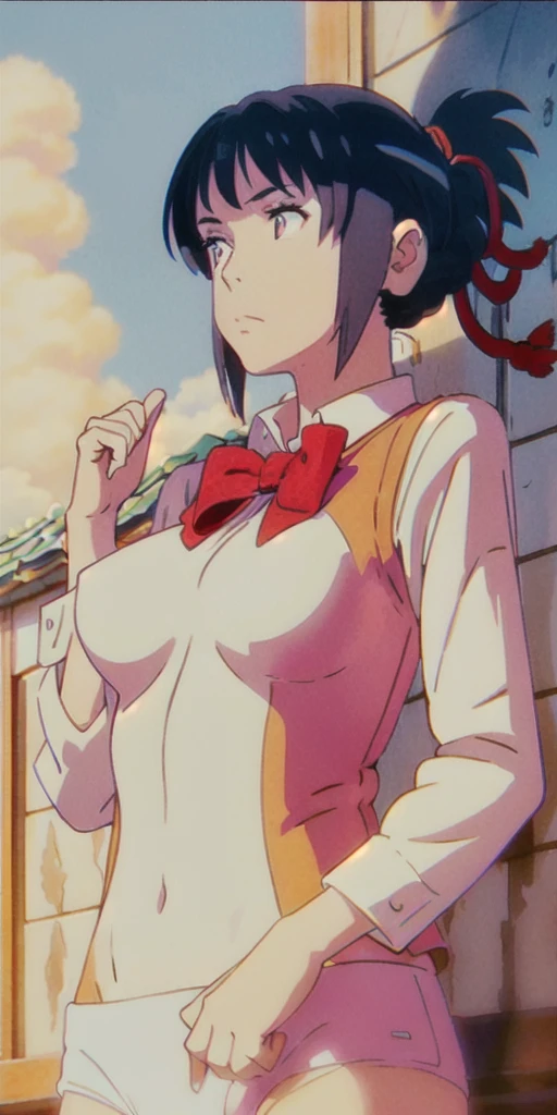 miyamizu_mitsuha, red bowtie,
jewelry, white yoga crop top, white yoga tight shorts, hands on chest,see-through, looking at viewer, hair ornament, choker, shy,
(masterpiece, top quality, best quality, official art, beautiful and aesthetic:1.2), (1 girl), extreme detailed, colorful, highest detailed,
(huge breasts:1.2, upper body, from below, cameltoe, ) white panties,
china city,street, sun, cloud, wall, leaning,