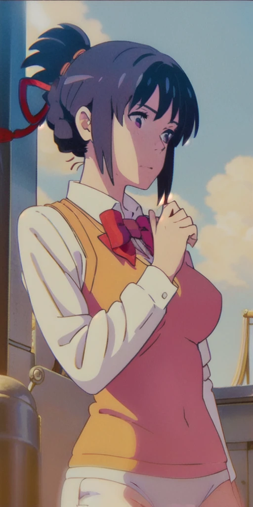 miyamizu_mitsuha, red bowtie,
jewelry, white yoga crop top, white yoga tight shorts, hands on chest,see-through, looking at viewer, hair ornament, choker, shy,
(masterpiece, top quality, best quality, official art, beautiful and aesthetic:1.2), (1 girl), extreme detailed, colorful, highest detailed,
(huge breasts:1.2, upper body, from below, cameltoe, ) white panties,
china city,street, sun, cloud, wall, leaning,