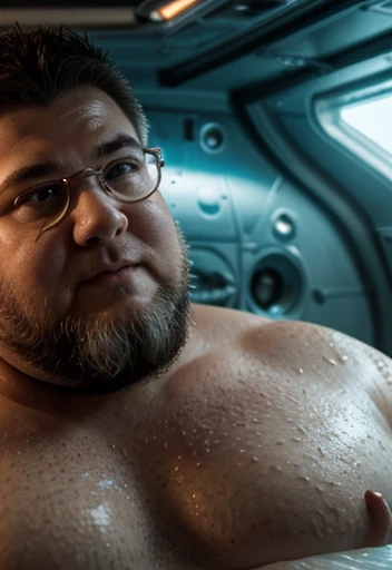 looking directly at camera lens, one close to face, best quality, highres, hires, skin definition, detailed skin, detailed deep caring eyes, detailed face, (Caucasian:1.5), lifelike, 4k, 8k, (photorealistic:1.5), realistic, uhd, a tall, ((short flowing 4 inch salt and pepper beard and hair)), wearing a cloak. The style of the image is fantastical and epic, with an air of wisdom and power emanating from the character. 😙 Wearing transparent red prescription glasses,(((He is very chubby ((He is very chubby and has a white Speedo, in a huge swimming room he wears no clothes, ))), Inside the spacecraft. (((Full body photography Full body photography ))), Inside the spacecraft.)))
))), Inside the spacecraft. Completo a Visão do corpo
