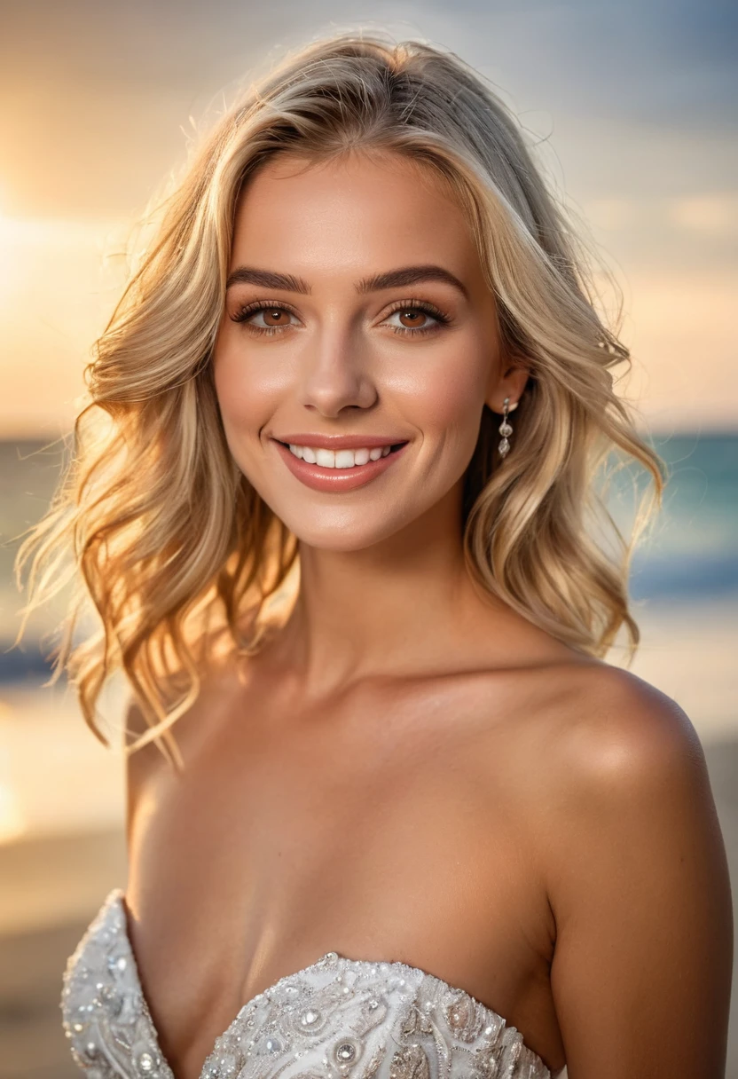 miss, European Fashion Models, European Women，Wearing strapless, beach，charm, The paparazzi took her photo, Blonde hair, Brown eyes, 8K, high quality, masterpiece, best quality, HD, Very detailed, Volumetric Lighting, lifelike,Smile，