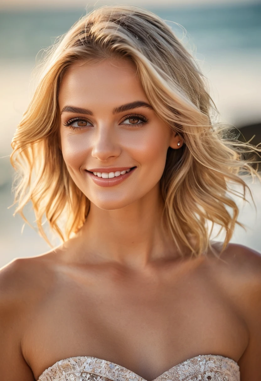 miss, European Fashion Models, European Women，Wearing strapless, beach，charm, The paparazzi took her photo, Blonde hair, Brown eyes, 8K, high quality, masterpiece, best quality, HD, Very detailed, Volumetric Lighting, lifelike,Smile，