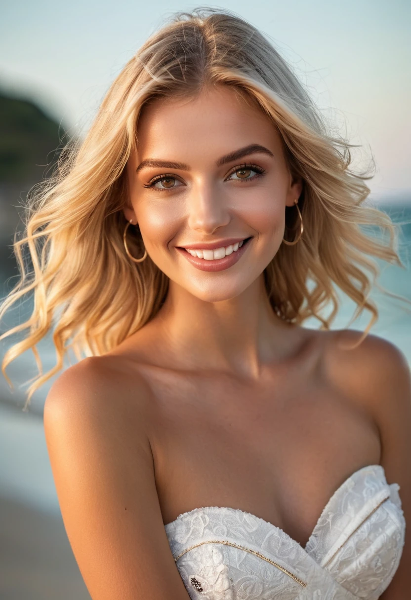 miss, European Fashion Models, European Women，Wearing strapless, beach，charm, The paparazzi took her photo, Blonde hair, Brown eyes, 8K, high quality, masterpiece, best quality, HD, Very detailed, Volumetric Lighting, lifelike,Smile，