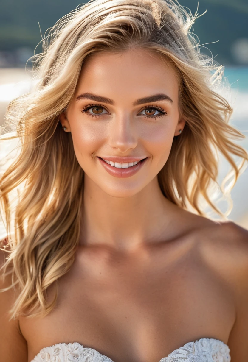 miss, European Fashion Models, European Women，Wearing strapless, beach，charm, The paparazzi took her photo, Blonde hair, Brown eyes, 8K, high quality, masterpiece, best quality, HD, Very detailed, Volumetric Lighting, lifelike,Smile，