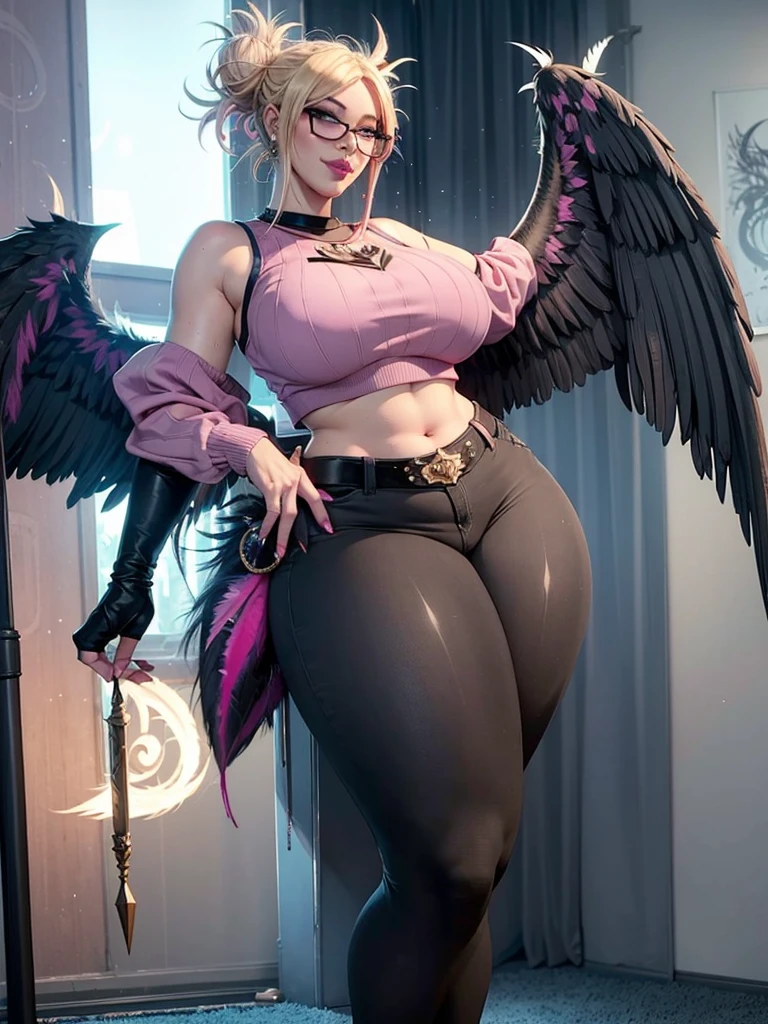 realisticlying,22yo girl,Blonde short、big body, sexy lingerie lace black ,perfect eyes, hair bunches、very very long hair, ultradetailed hair, body nylon sexy, Breasts enlarged、 big body, blonde, woman 1.90 CM,ponytail, ((hair over eyes)),perfect mouth, massive big bounce oppai, WET SKIN, (masterpiece, best quality:1.2), 1girl, solo, city background, haze \(fortnite\), Harpy Haze From fortnite, 1girl, earrings, glasses, hat, jewelry, lips, long hair, looking at viewer, makeup, nail polish, pink eyes, pink hair, pink nails, smile, sunglasses, tinted eyewear, belt, black pants, crop top, eyeshadow, midriff, navel, pants, choker, fingernails, round eyewear, sharp fingernails, standing, black feathers, black headwear, hoop earrings, horned headwear, horns, denim, winged arms, feather trim, star \(symbol\), elbow gloves, dark pink lips, feathers, heels, shoes, angel wings, bangle, black wings, crop top overhang, feathered wings, harpy, low wings, multicolored hair, multicolored wings, pink wings, wings, fingerless gloves, shirt, long fingernails, boater hat, bootcut pants, leather pants, sleeves, black sleeves,massive big bounce oppai,massive big bounce oppai,massive big bounce oppai,