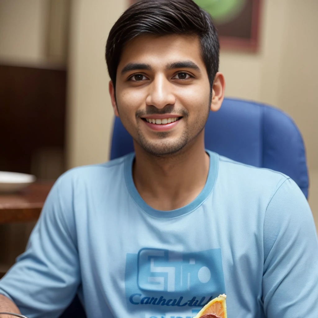 smiling man in blue shirt sitting at table with a plate of food, riyahd cassiem, khyzyl saleem, good looking face, enes dirig, mohamed chahin, candid picture, kyza saleem, mid shot portrait, front portrait, vastayan, inspired by Saurabh Jethani, taken with canon eos 5 d mark iv