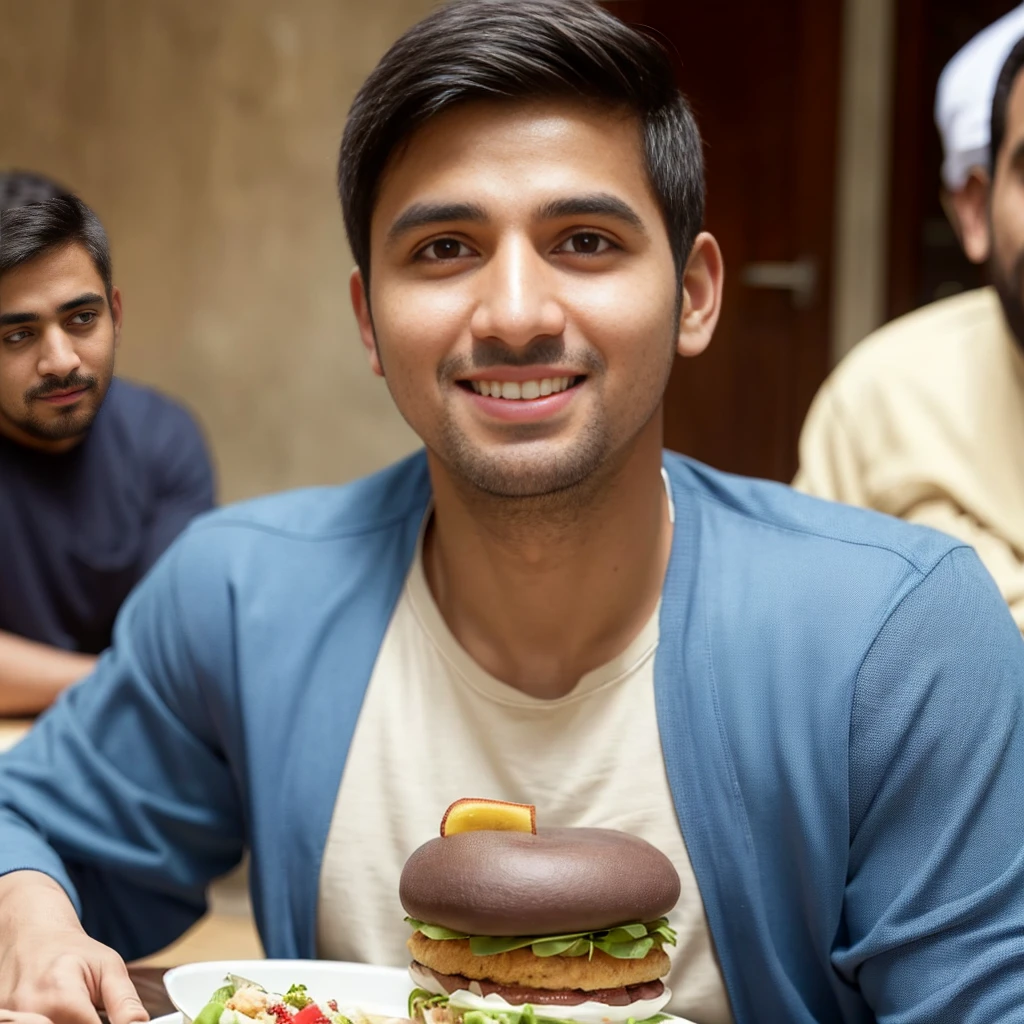 smiling man in blue shirt sitting at table with a plate of food, riyahd cassiem, khyzyl saleem, good looking face, enes dirig, mohamed chahin, candid picture, kyza saleem, mid shot portrait, front portrait, vastayan, inspired by Saurabh Jethani, taken with canon eos 5 d mark iv