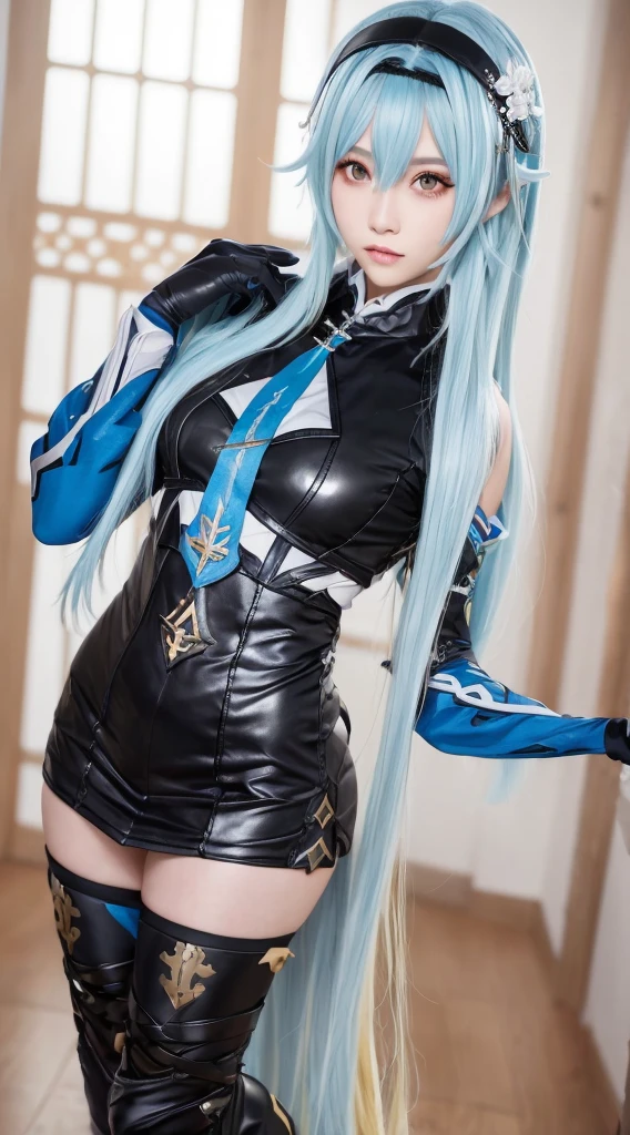 (8k, RAW photo, best quality, masterpiece:1.2), ulra high res, (photorealistic:1.4), 1girl,thighhighs, (Kpop idol),(aegyo sal:1),((puffy eyes)), looking at viewer,(realistic, photo-realistic:1.37),1girl, professional lighting, photon mapping, radiosity, physically-based rendering,shiny hair, long hair,boots,hair_ornament,hair_between_eyes,black hairband, long_hair, yellow_eyes, (light_blue_hair:1.2),bangs, , genshin impact, eula \(genshin impact\), eula \(genshin impact\) \(cosplay\), (PureErosFace_V1:0.6), (ulzzang-6500-v1.1:0.3), (bar),eula