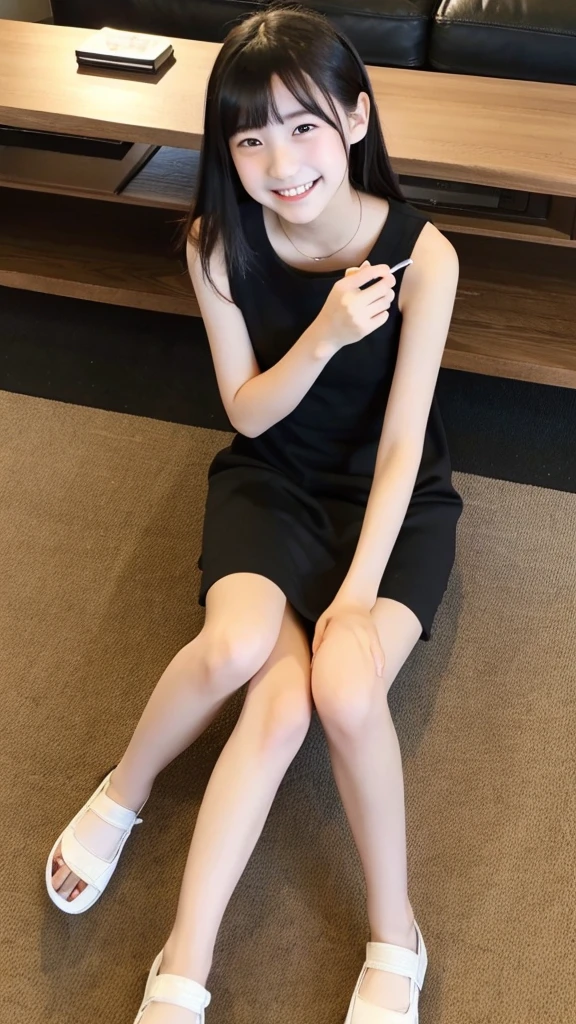 Photos of cute 18 year old Japanese girls、1 girl, Black sleeveless dress、smile、(Above the knee photo:1.4)、livingroom