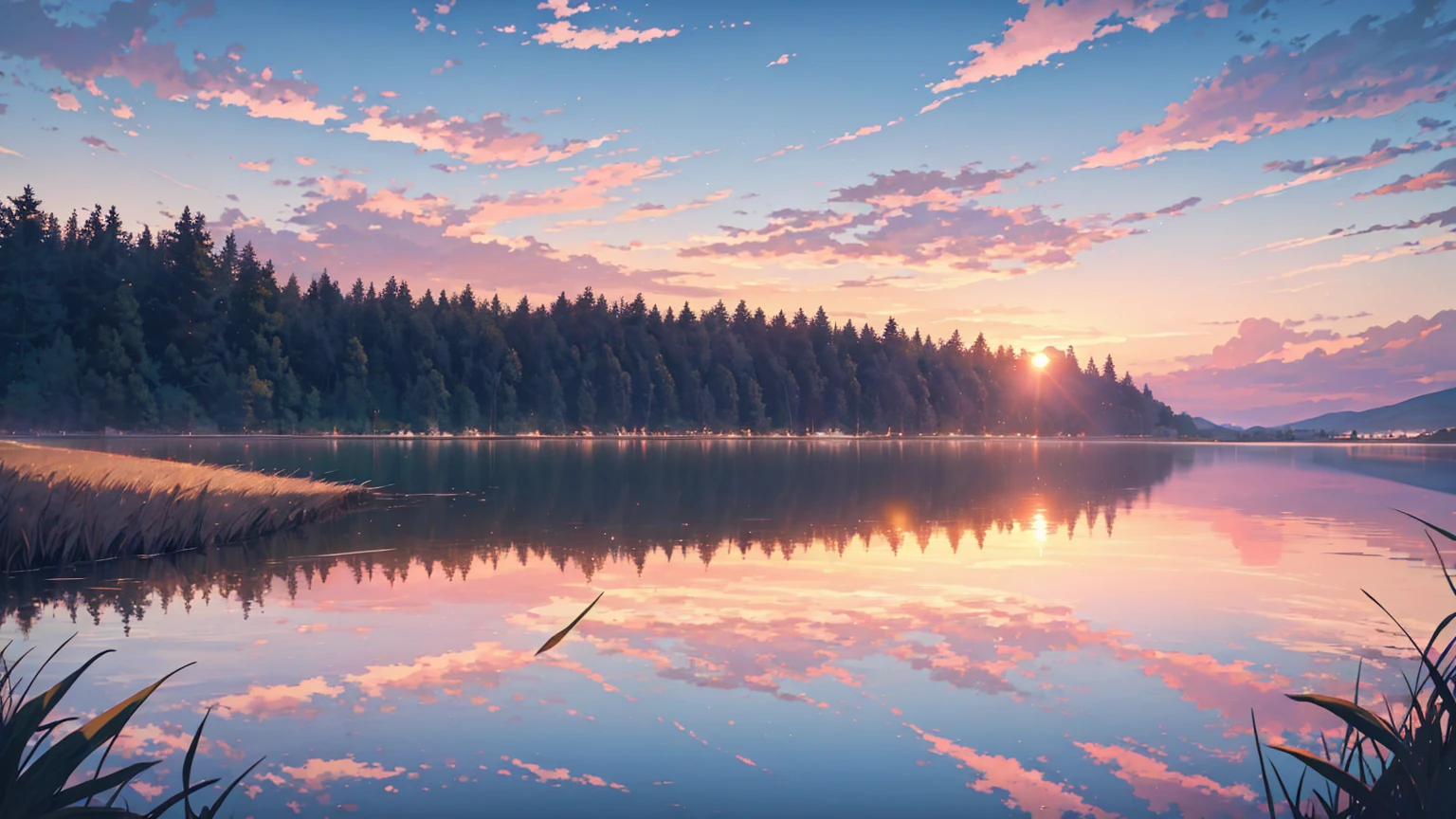 Sunset, lake, grassland, Sunset, Pink sky, Star, cloud, 4K, amazing, sharp, Intricate details, (high resolution: 1.5)