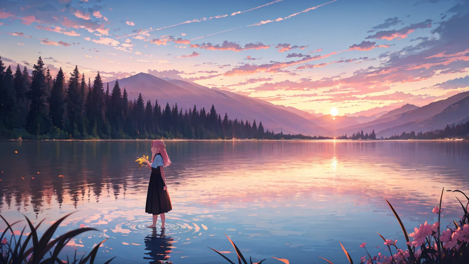 Sunset, lake, grassland, Sunset, Pink sky, Star, cloud, 4K, amazing, sharp, Intricate details, (high resolution: 1.5)