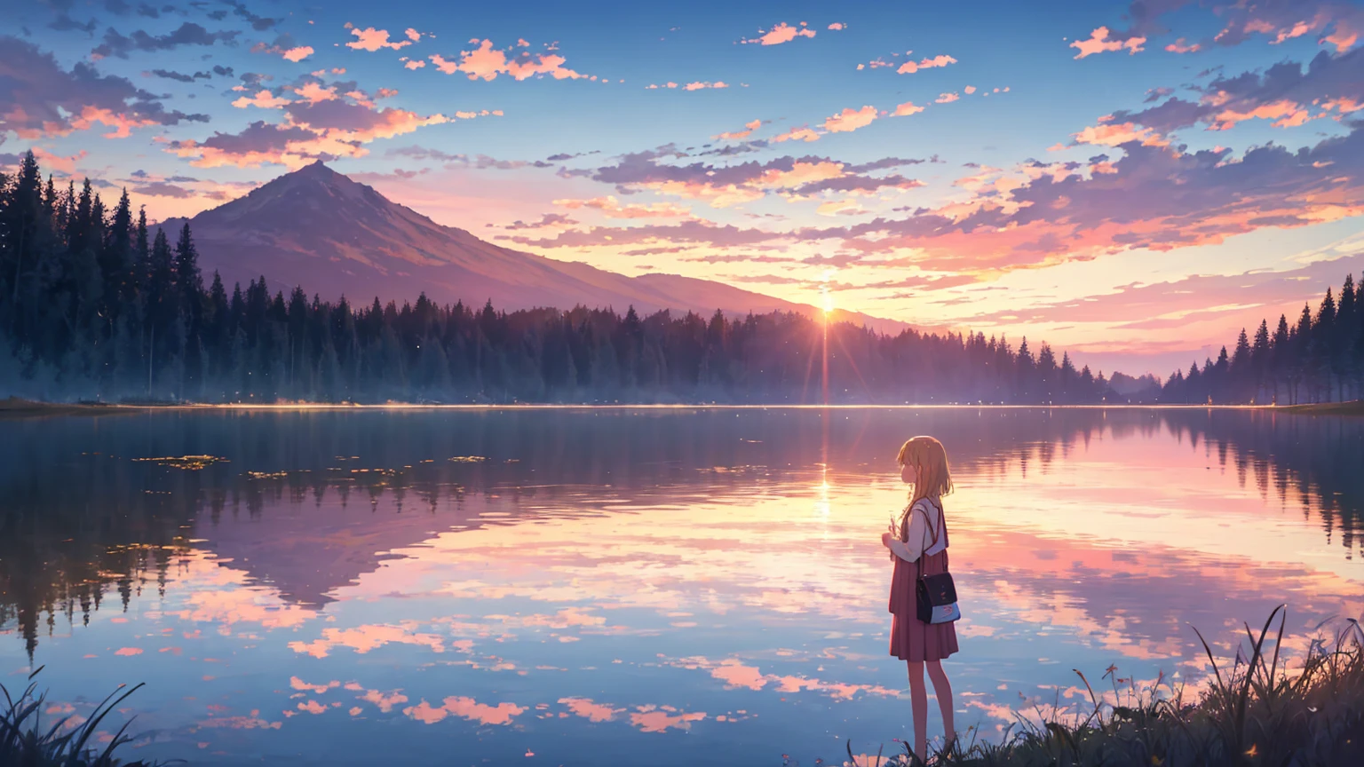 Sunset, lake, grassland, Sunset, Pink sky, Star, cloud, 4K, amazing, sharp, Intricate details, (high resolution: 1.5)
