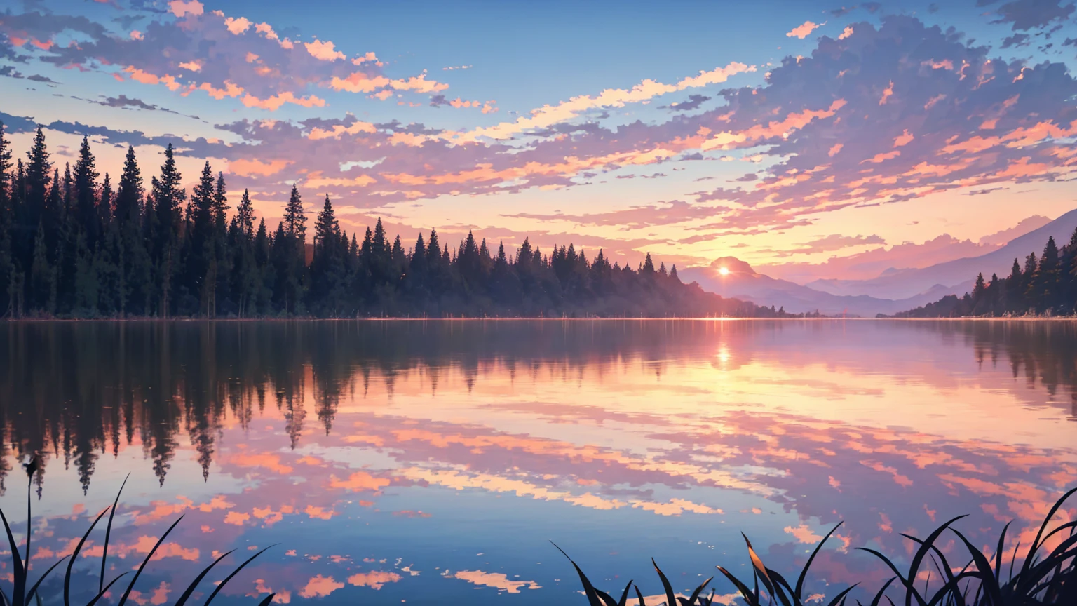 Sunset, lake, grassland, Sunset, Pink sky, Star, cloud, 4K, amazing, sharp, Intricate details, (high resolution: 1.5)