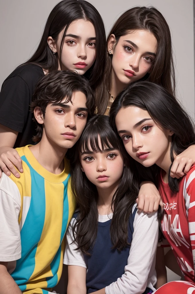 You could create an image in which three teenagers are sitting, os dois estão com expressão facial semelhante a esse emoji 😒 e o do meio, He has his hand on both of their shoulders and is standing, with all of them in clown makeup