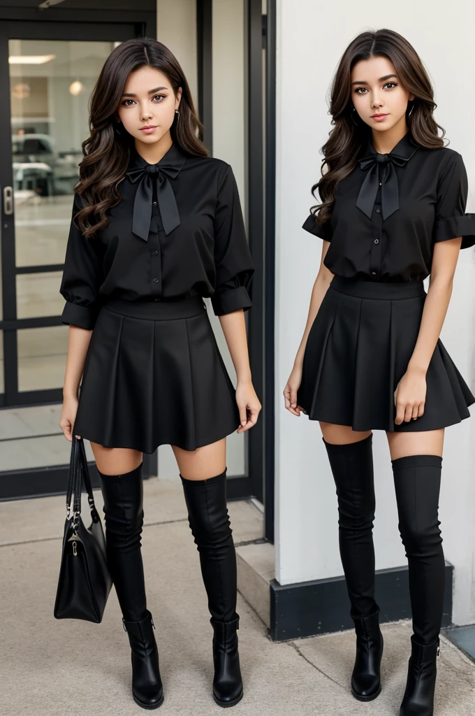 A confident girl stands tall, dressed in a chic, all-black ensemble. She wears a black blouse with a bow tie, paired with a stylish, asymmetrical skirt over fitted black pants. Her black ankle boots complete the sleek look. The girl's hands rest on her hips, her posture exuding confidence and elegance. Her brown hair is styled in loose waves, framing her face perfectly. The character has an anime-inspired design, with large expressive eyes, sharp features, and a vibrant, youthful appearance."