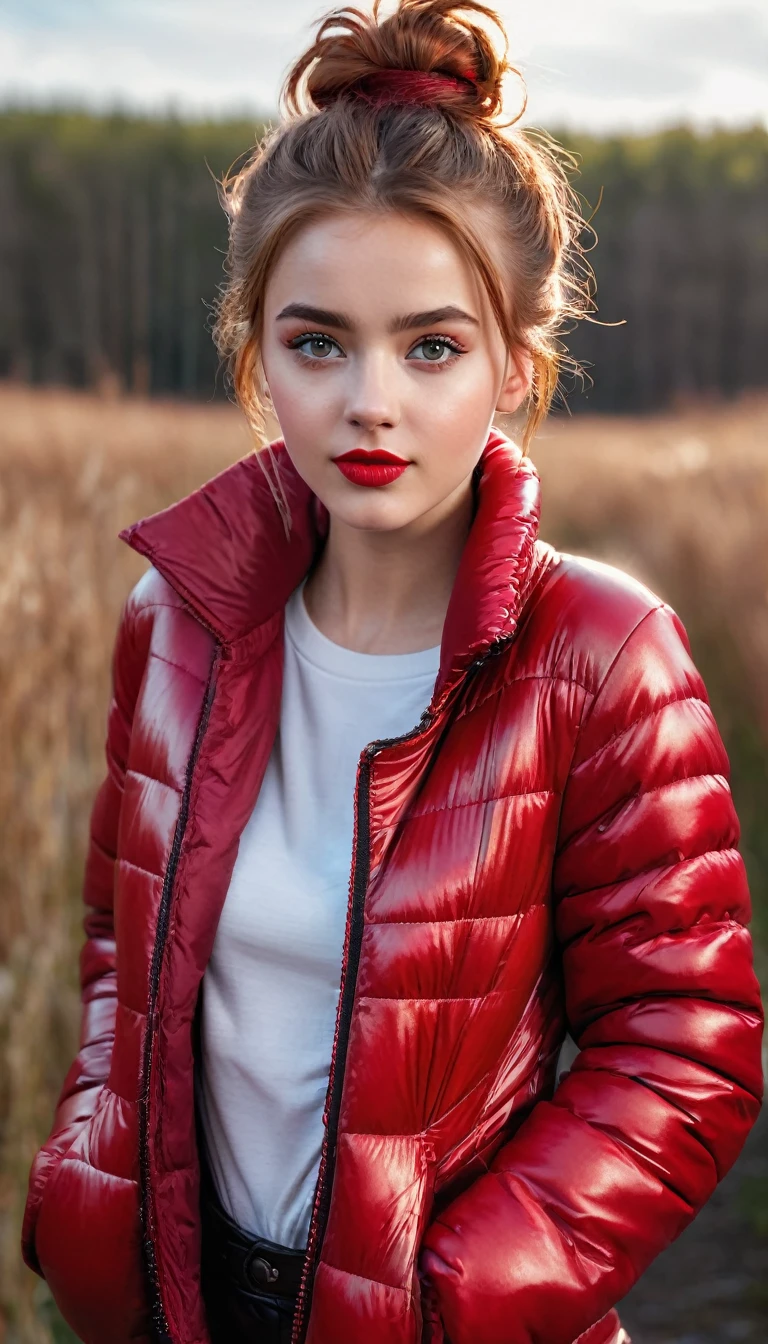 ultrarealistic high quality fullbody photo of a beautiful slim european girl with cute hyperdetailed shy face and natural redhead short messy bun and mischievous face, realistic round hazel eyes, red lips, dark eye makeup with eyeliner, wearing shiny red puffer jacket and faux leather leggins, hourglass body, outdoor shooting