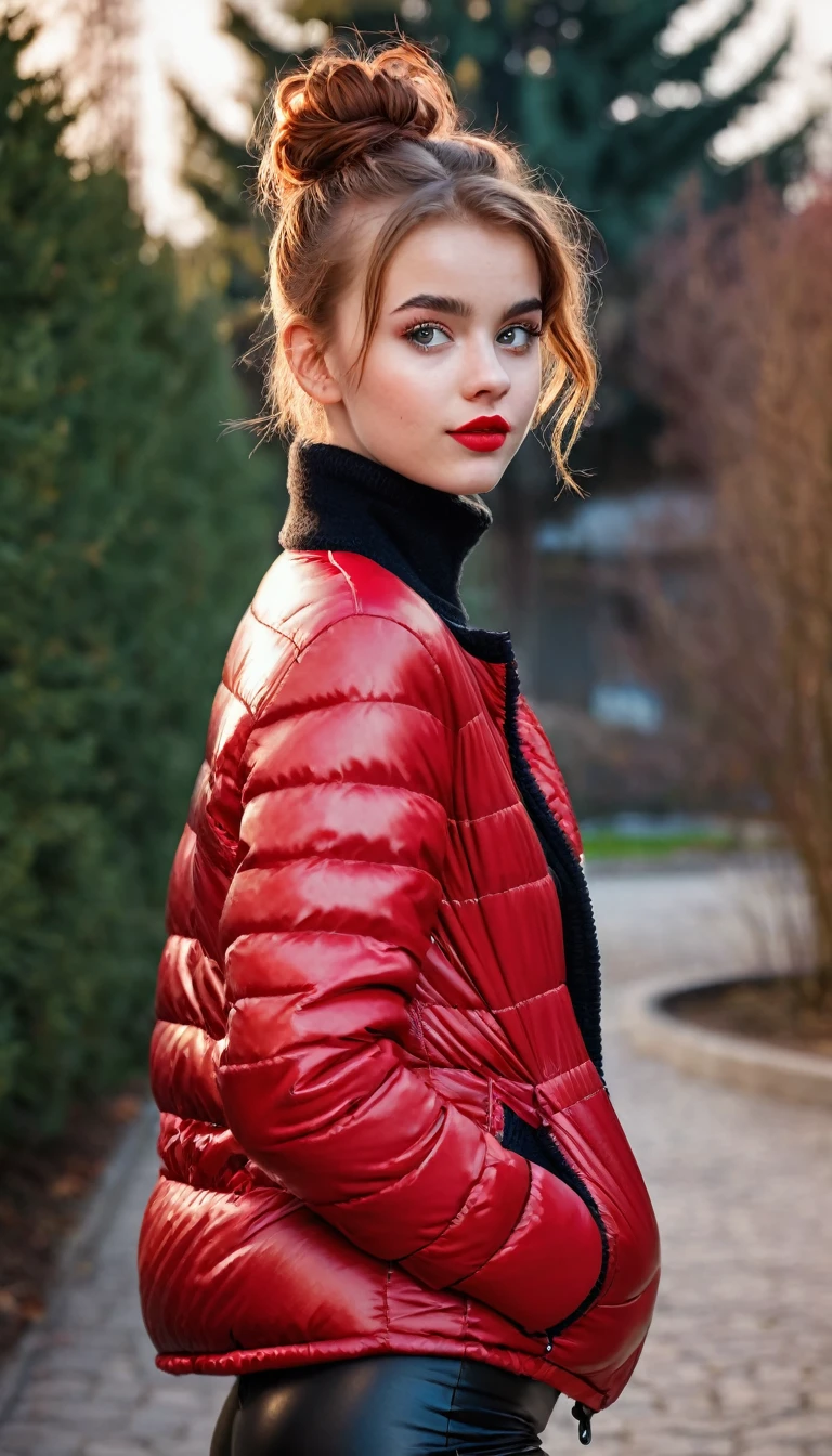 ultrarealistic high quality fullbody photo of a beautiful slim european  girl with cute hyperdetailed shy face and natural redhead short messy bun and mischievous face, realistic round hazel eyes, red lips, dark eye makeup with eyeliner, wearing shiny red puffer jacket and faux leather leggins, hourglass body, outdoor shooting