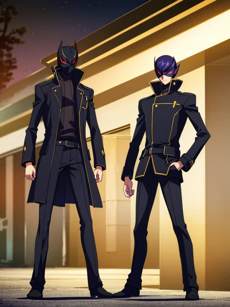 Male, teenager, vigilante, wearing dark clothes, militaristic coat, and a mask, athletic build, hands in pockets, standing at attention, nighttime setting, lone figure, facing viewer, fully in frame, full body shot, Code Geass style, codeGeass, CODEGEASS