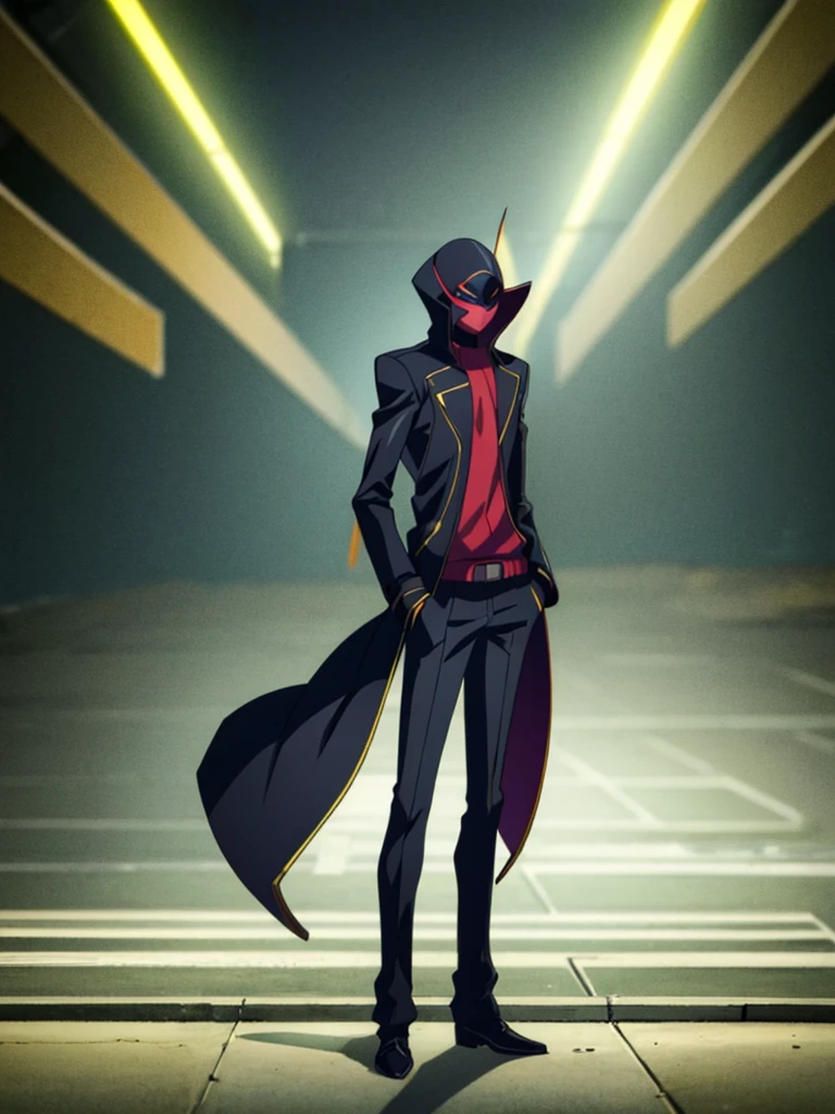Male, teenager, vigilante, wearing dark clothes, militaristic coat, and a mask, athletic build, hands in pockets, standing at attention, nighttime setting, lone figure, facing viewer, fully in frame, full body shot, Code Geass style, codeGeass, CODEGEASS