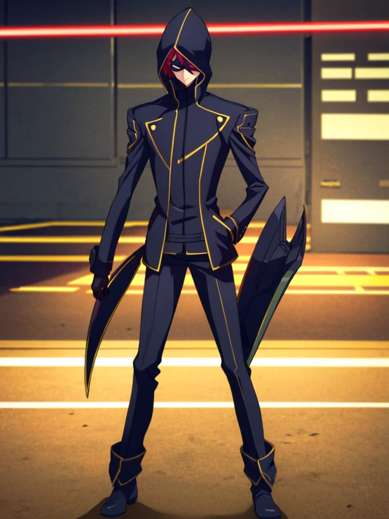 Male, teenager, vigilante, wearing dark clothes, militaristic coat, and a mask, athletic build, hands in pockets, standing at attention, nighttime setting, lone figure, facing viewer, fully in frame, full body shot, Code Geass style, codeGeass, CODEGEASS