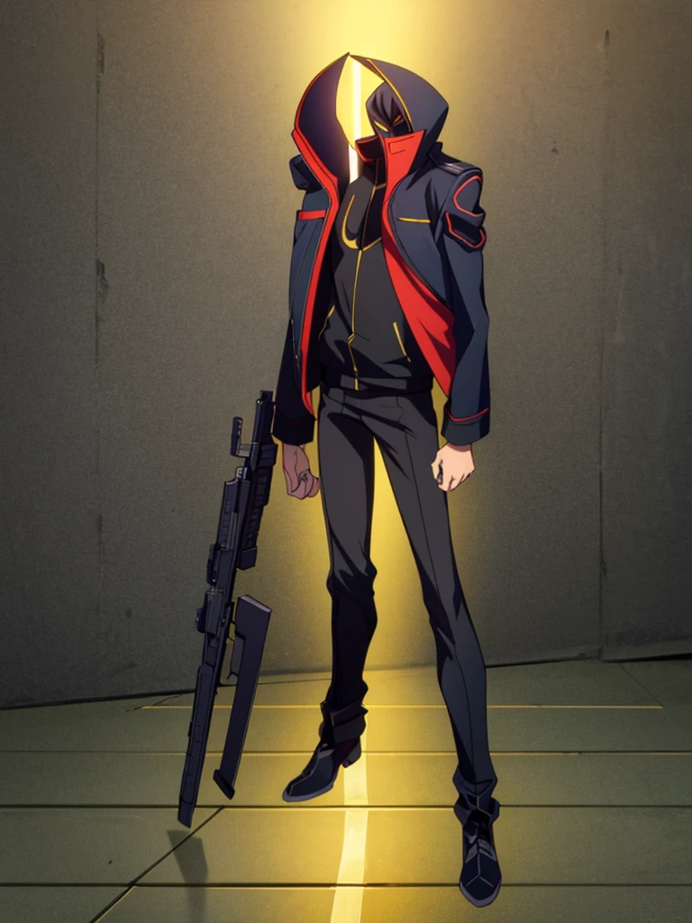 Male, ager, vigilante, wearing dark clothes, militaristic coat, and a mask, athletic build, hands in pockets, standing at attention, nighttime setting, lone figure, facing viewer, fully in frame, full body shot, Code Geass style, codeGeass, CODEGEASS