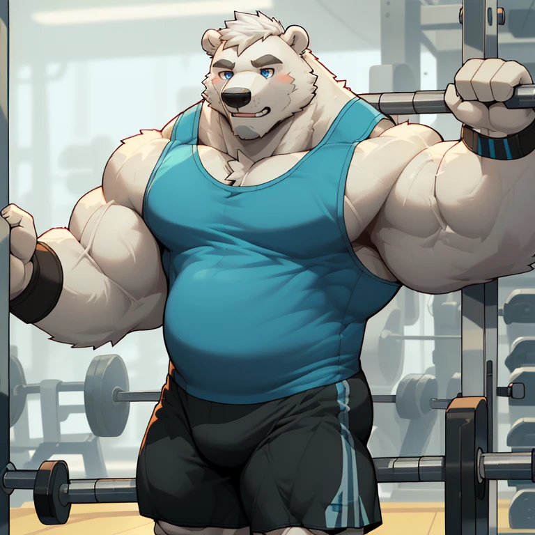 masterpiece, best quality, 8k resolution, Very detailed, hairy,(((polar bear)),(((Mature))),(((beard))),(((fat))),(((White hair all over body))),(((portrait))),(((White hair))),(((straining))),For the audience,(((gym tank top))),(((leaning and half standing))),(((motivating))),((wristbands)), ((Highest quality scene,(((whole body))),(((Blue Eyes))),(((Legs apart))),(((Fat-enclosed muscle))),(((Round face))),(((alone))),(((Strong body))),(((Hip bulge))),(((arms exposed))), ((working out)), ((cable crossover machine workout, pulling the levers by two arms))