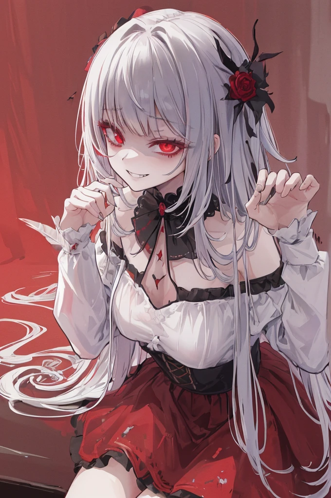 ((8K、masterpiece、Tabletop、masterpiece))vampire、Black Dress、Coolドレス、赤いrose、rose、Simple background、Demon World、cute、Cool、(One Girl、Sickle、Satanic、feather)Silver Hair、Light skin tone、Golden Eyes、Cat-like eyes,cadaver、Covered in blood、Blood splatter、Dark shades、(Red tint)、(Grinning smile),Ahegao ( Stupid / Sexual Ecstasy)、
