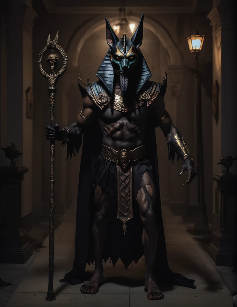 a man dressed as realistic zumbi Anubis halloween costume design, intimidating scary psychopathic man, anubis mask, dark energy, black costume, zumbi style, holding a staff, full body highly detailed, cinematic lighting, dramatic atmosphere party entrance, photorealistic, 8K, masterpiece