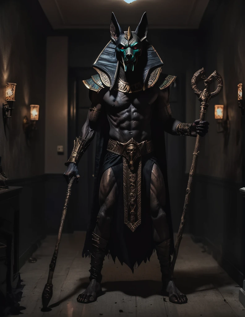 a man dressed as realistic zumbi Anubis halloween costume design, intimidating scary psychopathic man, anubis mask, dark energy, black costume, zumbi style, holding a staff, full body highly detailed, cinematic lighting, dramatic atmosphere party entrance, photorealistic, 8K, masterpiece