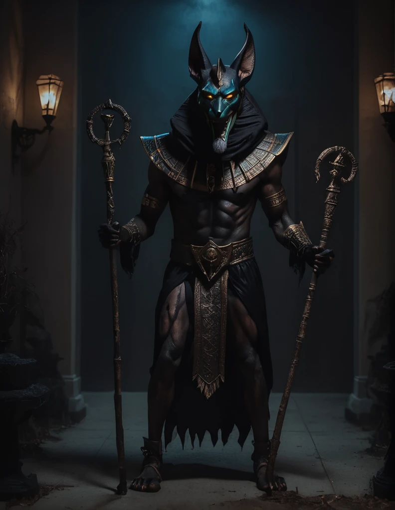 a man dressed as realistic zumbi Anubis halloween costume design, intimidating scary psychopathic man, anubis mask, dark energy, black costume, zumbi style, holding a staff, full body highly detailed, cinematic lighting, dramatic atmosphere party entrance, photorealistic, 8K, masterpiece