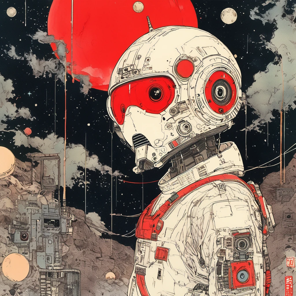 On the Moon, The main color is red, Holding_arms, no_human, Lower_Eyes, Droid, Milky Way Galaxy Background,neon,cyber punk, Highest quality, Pieces fly, Confused, Monochrome, Game CG,