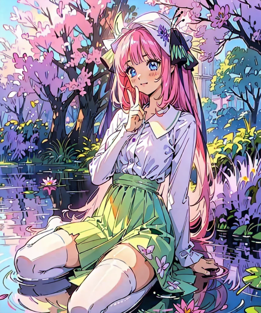 Nino nakano, dressed as sweetie belle from my little pony, solo, 1 girl, in a mythical garden: 2.0, (pink hair, coil curls: 2.5, dark blue heavenly eyes: 1.5, wearing a green and white dress, happy: 1.5, soft smile, her surroundings are ethereal, ((ultra realistic high quality top quality 4k)), one white thin really thin unicorn horn in her forehead: 3.0, bright sunny day: 1.urple and green flowers everywhere: 3.2, bushes, POND WITH LILY PADS: 3.0, jacaranda trees: 2.0, highly detailed jacaranda trees, green grass: 1.3, wearing a white summer hat with purple ribbon, summer dress with flower patterns, dainty features: 2.0,  like features: 2.0 two white cat ears: 1.0, ONE WHITE THIN THIN REALLY THIN HORN ON HER FOREHEAD, two white cat ears, pure white skin, green thigh high, highly detailed legging, purple heel, shiny hair, slightly shiny skin, sun rise, morning, shining ponds, lavender flower everywhere, shining eyes, soft gentle smile cute pink soft light blush,