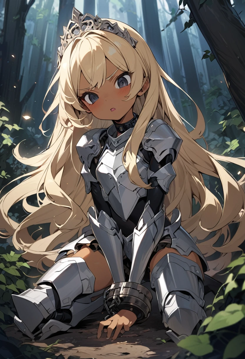 (anime style),masterpiece, best quality, extremely detailed,10Years old,tanned skin,dark skin, Beautiful body,small flat breasts,BREAK,multicolored colorful blonde hair,shaggy hair,long hair,long pony hair,BREAK,black eyes,black choker,dignified face,disgust,glare at,open mouth,detailed lips,,BREAK,with vertical stripes sweater,tiara,ripped Princess knight heavy armor,micro skirt,break,head tilt,in the woods Night,hands on legs,up half knee,ivy clinging to the body,arching back,shackles and cords,marching side by side,