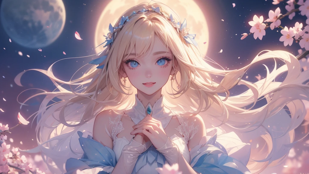 work of art, ultra creative, epic details, ultra detaild, best resolution, Woman, blonde, (BEAUTIFUL ELF), {{ beautiful and rustic flower crown on head}}, sculptural body, maroon, ((perfect hands))), pink scenery, no mistakes, (((rosto ultra detaild ))), ((( olhos ultra detailds ))) (( blue eye)) glad, (expression of joy), (big open smile), Simple smile, ( moon in the background), ( Sakura petals around ) wearing white gloves