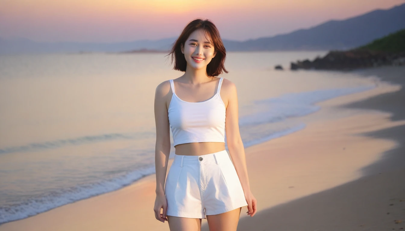 Beautiful Korean Woman, Chest size 34 inches, Wear sleeveless white shorts, Looking at the sea from the beach at sunset. beautiful pretty woman look , wearing a light skirt , clothes are wet with water, burning sunset light, short medium hair, 1 woman, beautiful eyes, smile brightly. uhd