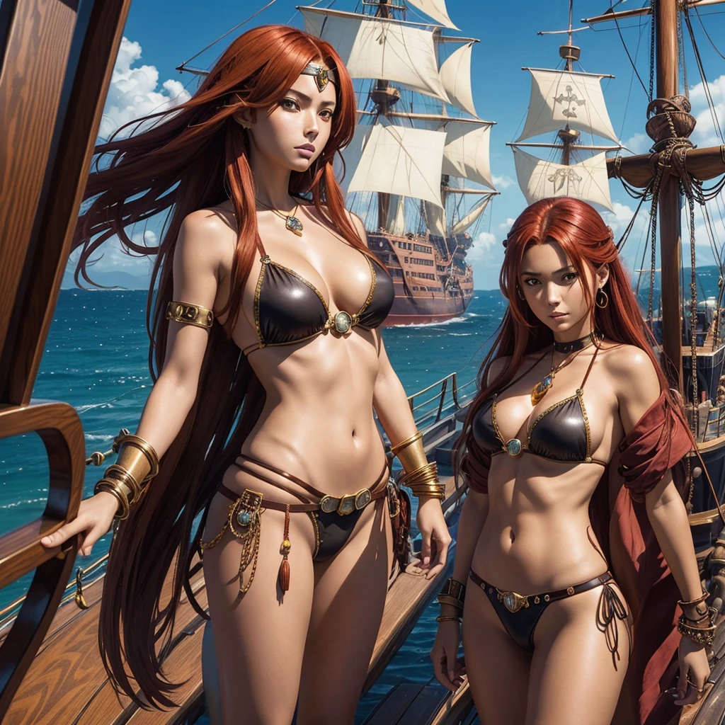 Perfect woman in a brown string leather bikini and pirate lingerie in front of a ship, high quality anime, mirror background, female pirate slave, gold jewels and bracelets, best ai image, long red hair, pirate woman, mirror, inside mirror, anime woman, pirate queen, anime woman, city hunter anime style, ultra detailed sexy anime female