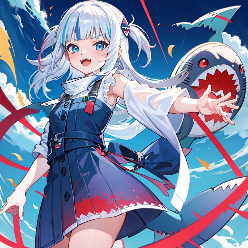 masterpiece, best quality:1.2),anime style:1.8, 1girl, solo, Ultra-detailed, best quality,High saturation, perfect face, shark girl, shark fangs ,fangs:1.6