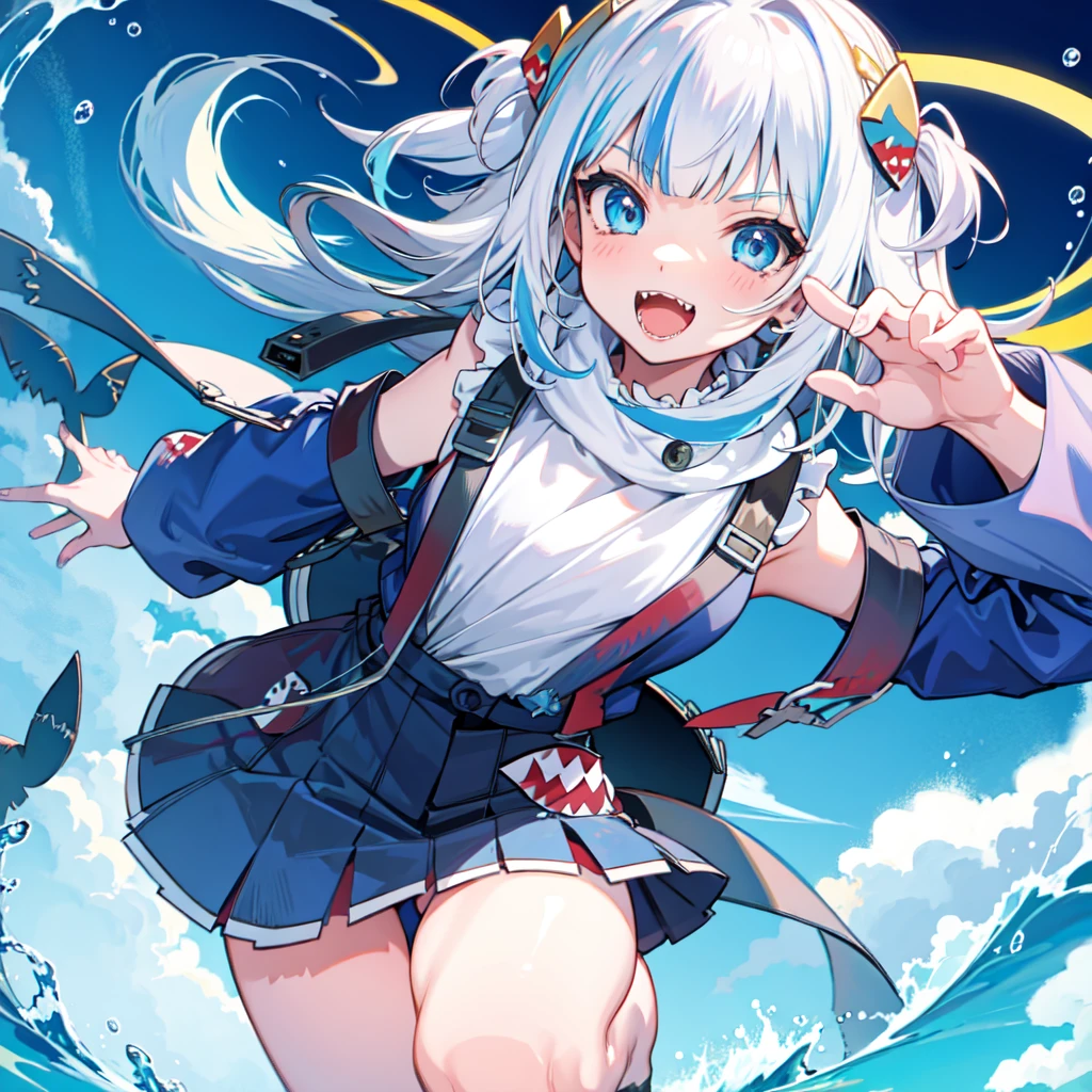 masterpiece, best quality:1.2),anime style:1.8, 1girl, solo, Ultra-detailed, best quality,High saturation, perfect face, shark girl, shark fangs ,fangs:1.6