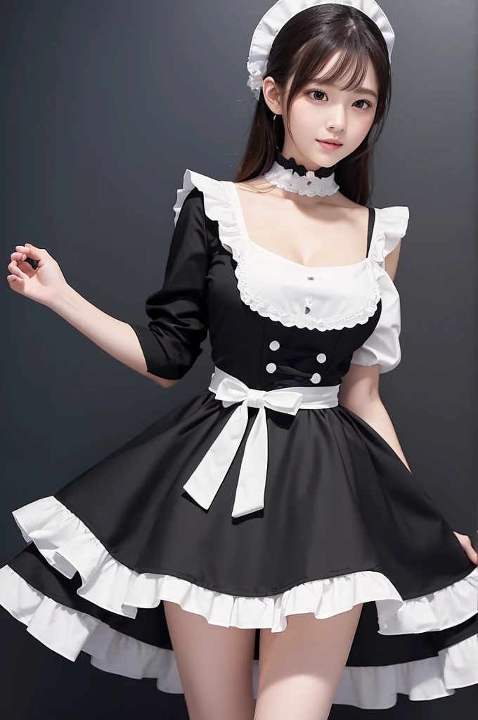 Illustration of a modern maid outfit, sophisticated design of black clothes with white apron。
Large cuts on the décolletage and back、The skirt is short and the frills are modest.。
A design that maintains its femininity。