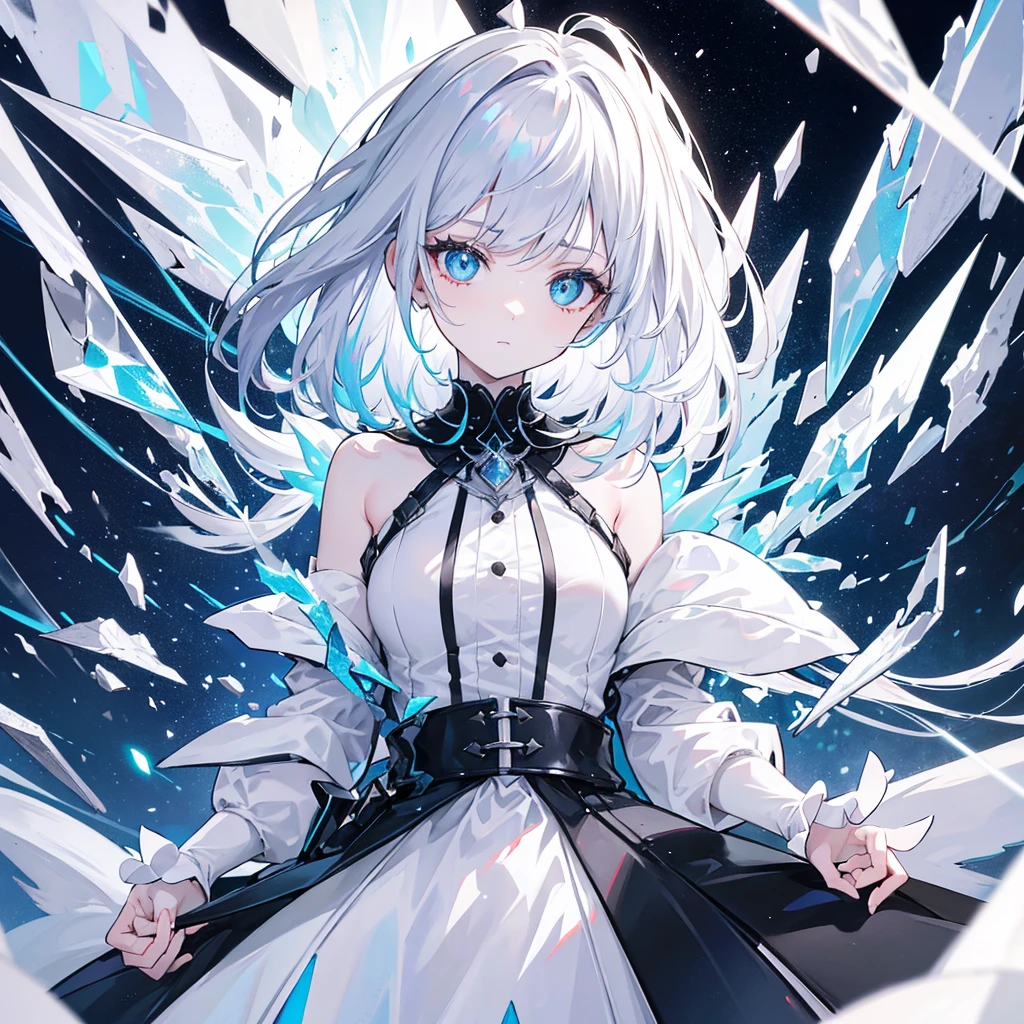 A striking and ethereal illustration of a young girl with short, white hair that appears to be made of or reflecting crystalline shards, giving it a prismatic effect. Her hair spreads out in all directions, with fragments of light and colors, creating a stunning visual display. The girl's expression is calm yet intense, with piercing, multi-colored eyes that seem to reflect the surrounding light. She is wearing a high-collared, sleek white and black outfit that enhances the futuristic and otherworldly atmosphere of the scene. The background is dark, contrasting with the vibrant, rainbow-like shards of light emanating from her hair, adding depth and drama to the composition. The overall color palette includes bright whites, deep blacks, and a spectrum of rainbow hues, emphasizing the luminous and magical quality of the artwork.