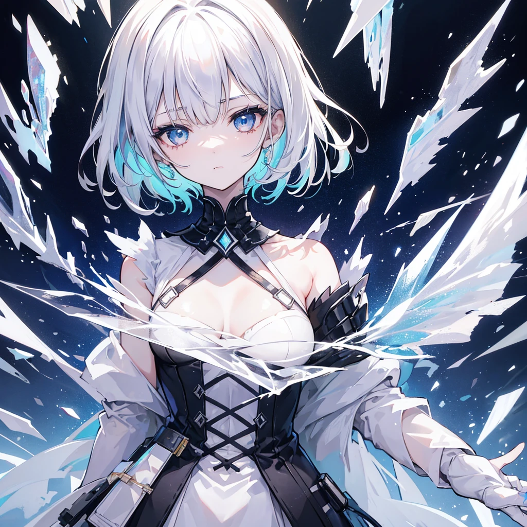 A striking and ethereal illustration of a young girl with short, white hair that appears to be made of or reflecting crystalline shards, giving it a prismatic effect. Her hair spreads out in all directions, with fragments of light and colors, creating a stunning visual display. The girl's expression is calm yet intense, with piercing, multi-colored eyes that seem to reflect the surrounding light. She is wearing a high-collared, sleek white and black outfit that enhances the futuristic and otherworldly atmosphere of the scene. The background is dark, contrasting with the vibrant, rainbow-like shards of light emanating from her hair, adding depth and drama to the composition. The overall color palette includes bright whites, deep blacks, and a spectrum of rainbow hues, emphasizing the luminous and magical quality of the artwork.