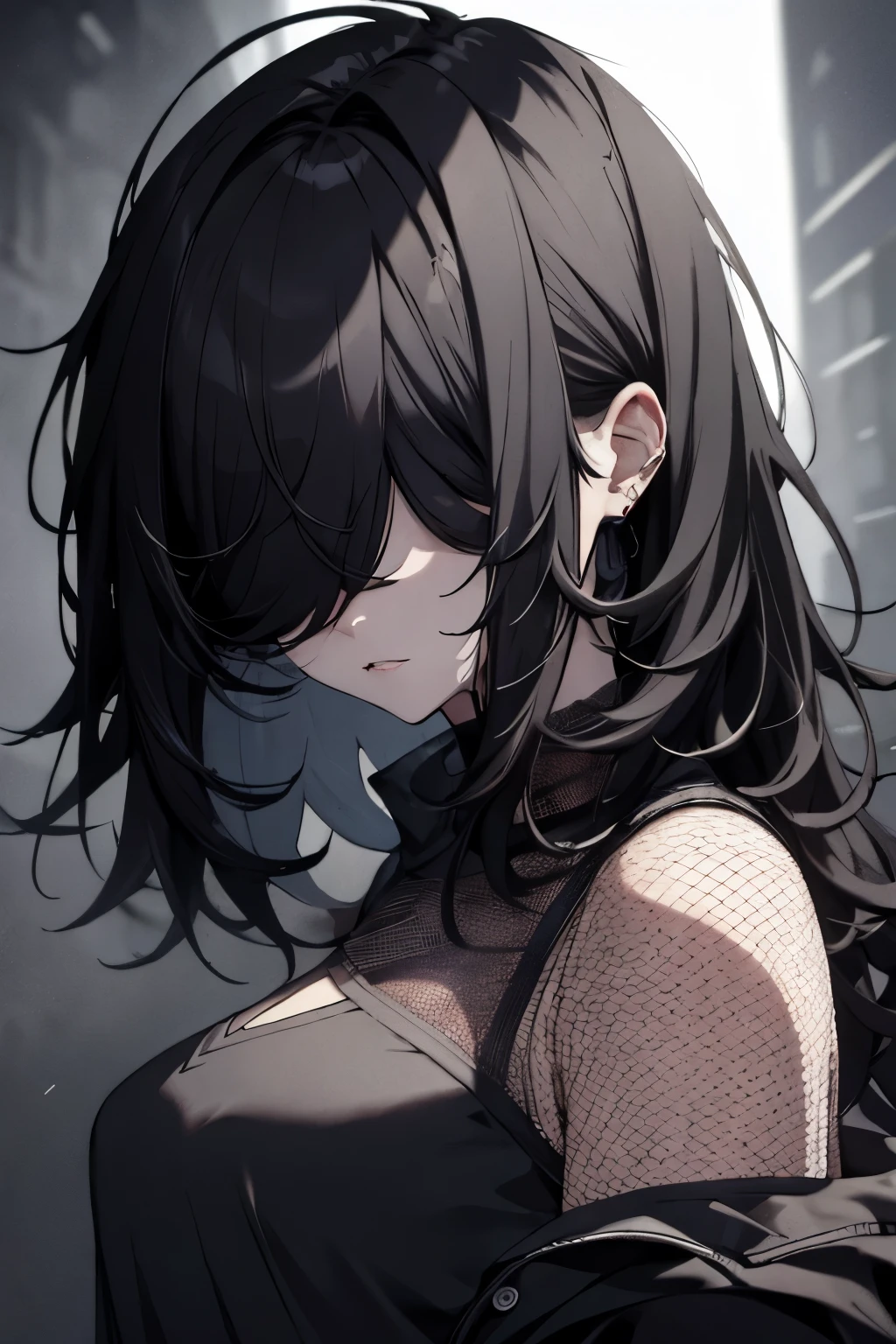 masterpiece, upper body, face portrait,  woman, solo, black hair, hair over eyes, messy hair, mesh clothing, dark lighting