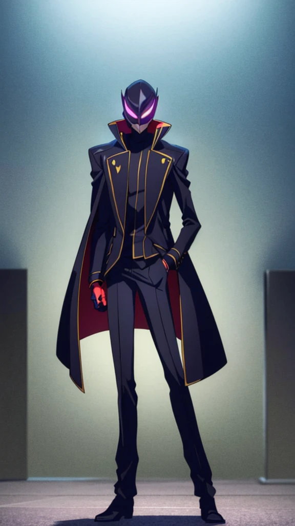 Male, teenager, vigilante, wearing dark clothes, a coat, and a mask, athletic build, hands in pockets, standing at attention, nighttime setting, lone figure, facing viewer, fully in frame, full body shot, Code Geass style, codeGeass, CODEGEASS