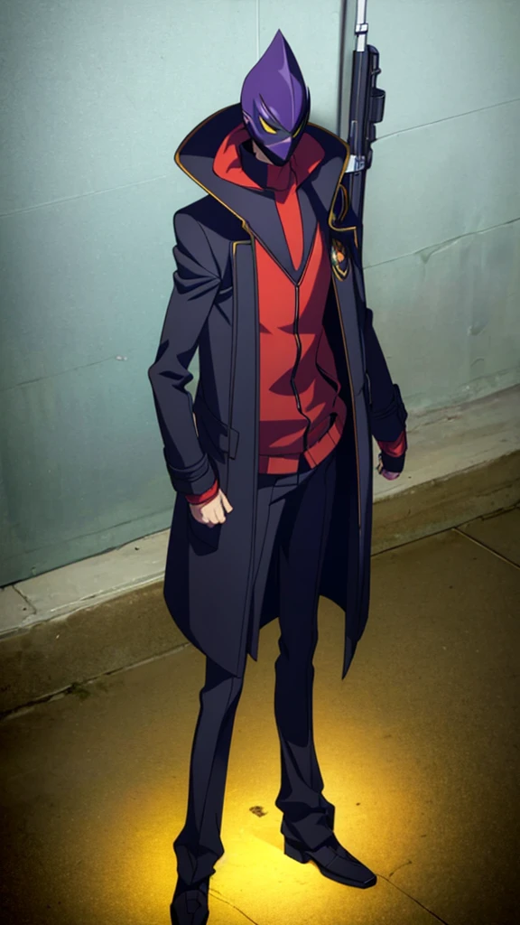 Male, ager, vigilante, wearing dark clothes, a coat, and a mask, athletic build, hands in pockets, standing at attention, nighttime setting, lone figure, facing viewer, fully in frame, full body shot, Code Geass style, codeGeass, CODEGEASS