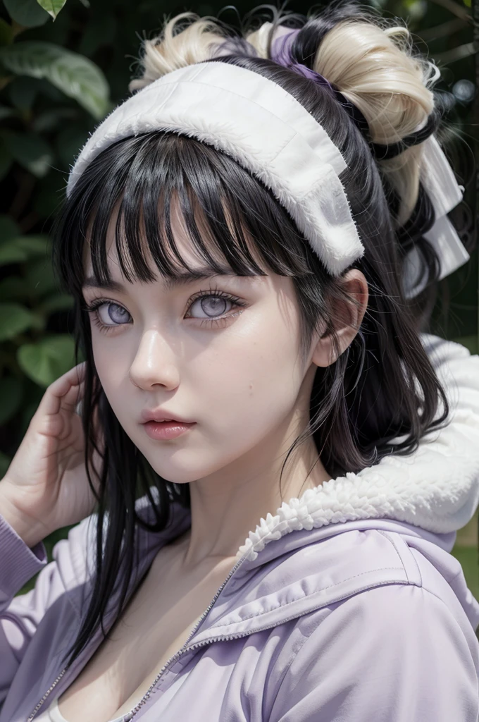 Hinata from naruto, realistic, age 25, extreme pure white skin, white eyes, black long bangs, hair, purple ninja jacket, perfect face, perfect shape body, large breasts, clothes covered upper body, 3d