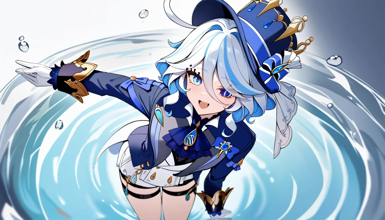 masterpiece,best quality,1girl, furina \(genshin impact\), genshin impact, cowlick, top hat, blue jacket, blue ascot, blue brooch, kodona, simple background, open mouth, blue headwear, streaked hair, upper teeth only, solo, long hair, light blue hair, white background, smile, white hair, ahoge, mismatched gloves, white gloves, long sleeves, hair between eyes, blue gemstone, in a fountain, blue background, water falling, 4k, Masterpiece, Best quality, ((light from above)), (Full body))
